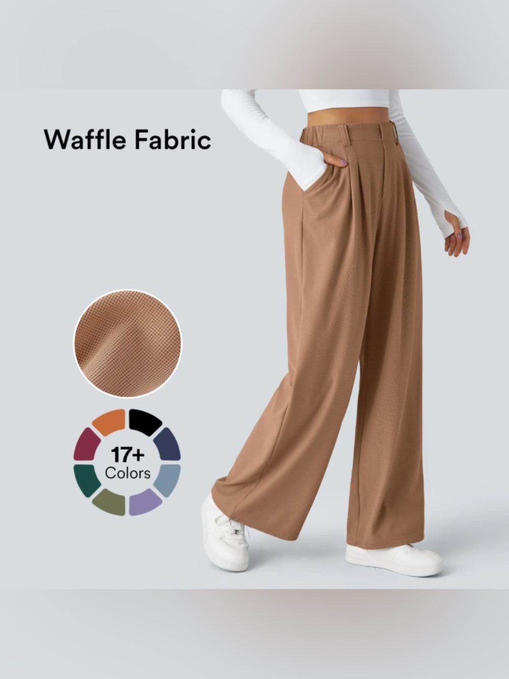 HALARA Wide Leg Waffle Pants in Camel Brown